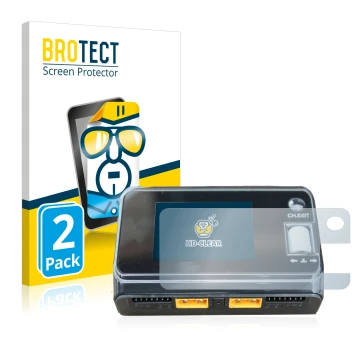 Parte frontal de un envase de producto con el logotipo de la marca BROTECT. Al lado se muestra el dispositivo ToolkitRC M6D Du