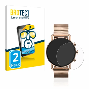 Parte frontal de un envase de producto con el logotipo de la marca BROTECT. Al lado se muestra el dispositivo Skagen Falster G