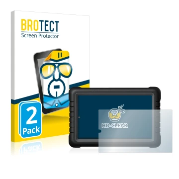 Parte frontal de un envase de producto con el logotipo de la marca BROTECT. Al lado se muestra el dispositivo Launch X-431 PRO