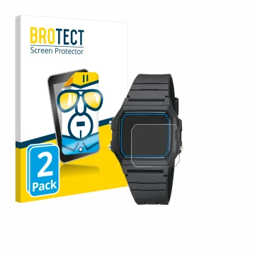 Parte frontal de un envase de producto con el logotipo de la marca BROTECT. Al lado se muestra el dispositivo Casio F-105W-1AW