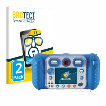 Parte frontal de un envase de producto con el logotipo de la marca BROTECT. Al lado se muestra el dispositivo Vtech Kidizoom D