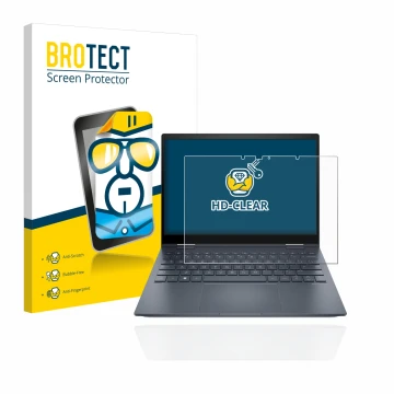 Parte frontal de un envase de producto con el logotipo de la marca BROTECT. Al lado se muestra el dispositivo HP Envy x360 13-