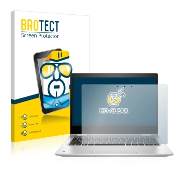 Parte frontal de un envase de producto con el logotipo de la marca BROTECT. Al lado se muestra el dispositivo HP ProBook x360 