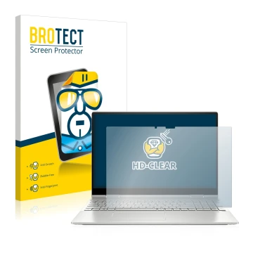 Parte frontal de un envase de producto con el logotipo de la marca BROTECT. Al lado se muestra el dispositivo HP Envy x360 2-i