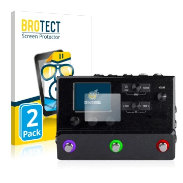 Parte frontal de un envase de producto con el logotipo de la marca BROTECT. Al lado se muestra el dispositivo Line 6 hx stomp 