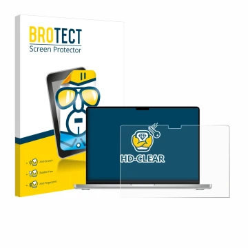 Parte frontal de un envase de producto con el logotipo de la marca BROTECT. Al lado se muestra el dispositivo Apple MacBook Pr