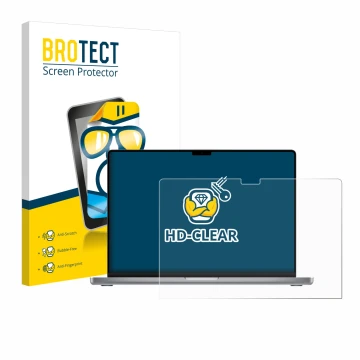Parte frontal de un envase de producto con el logotipo de la marca BROTECT. Al lado se muestra el dispositivo Apple MacBook Pr