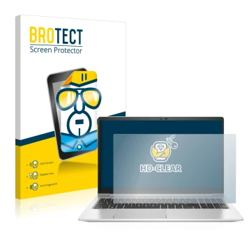 Parte frontal de un envase de producto con el logotipo de la marca BROTECT. Al lado se muestra el dispositivo HP EliteBook 650