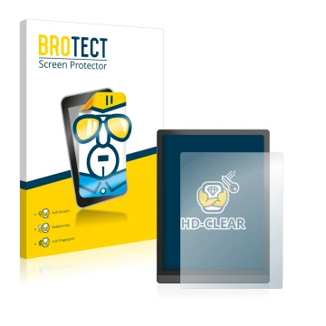 Parte frontal de un envase de producto con el logotipo de la marca BROTECT. Al lado se muestra el dispositivo Boox Tab X con s