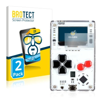 Parte frontal de un envase de producto con el logotipo de la marca BROTECT. Al lado se muestra el dispositivo Arduboy FX con s