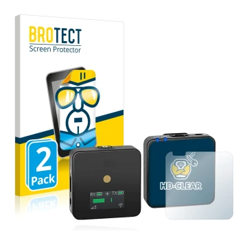 Parte frontal de un envase de producto con el logotipo de la marca BROTECT. Al lado se muestra el dispositivo Rode Wireless GO