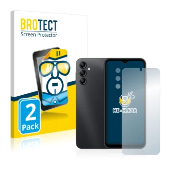 Parte frontal de un envase de producto con el logotipo de la marca BROTECT. Al lado se muestra el dispositivo Samsung Galaxy A