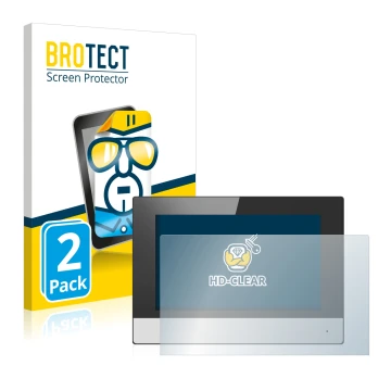 Parte frontal de un envase de producto con el logotipo de la marca BROTECT. Al lado se muestra el dispositivo Hikvision DS-KH6