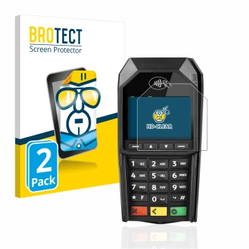 Parte frontal de un envase de producto con el logotipo de la marca BROTECT. Al lado se muestra el dispositivo ingenico Desk/16