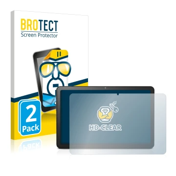 Parte frontal de un envase de producto con el logotipo de la marca BROTECT. Al lado se muestra el dispositivo Doro Tablet 10.4