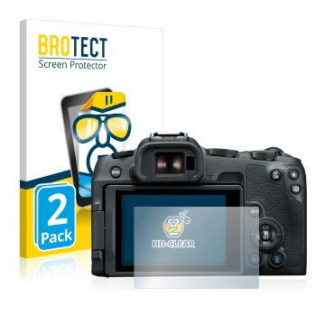 Parte frontal de un envase de producto con el logotipo de la marca BROTECT. Al lado se muestra el dispositivo Canon EOS R8 con