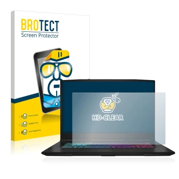 Parte frontal de un envase de producto con el logotipo de la marca BROTECT. Al lado se muestra el dispositivo MSI Katana 17 B1