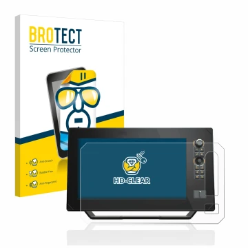 Parte frontal de un envase de producto con el logotipo de la marca BROTECT. Al lado se muestra el dispositivo Humminbird Apex 