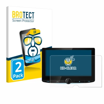 Parte frontal de un envase de producto con el logotipo de la marca BROTECT. Al lado se muestra el dispositivo Kenwood DNR992RV