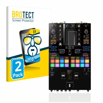 Parte frontal de un envase de producto con el logotipo de la marca BROTECT. Al lado se muestra el dispositivo Pioneer DJM-S11 