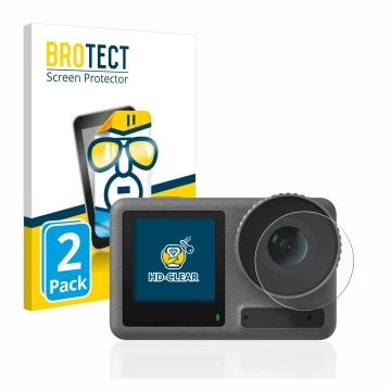 Parte frontal de un envase de producto con el logotipo de la marca BROTECT. Al lado se muestra el dispositivo DJI Osmo Action 