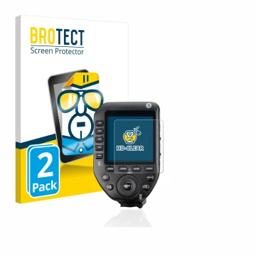 Parte frontal de un envase de producto con el logotipo de la marca BROTECT. Al lado se muestra el dispositivo Godox XPro II co