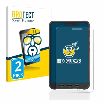 Parte frontal de un envase de producto con el logotipo de la marca BROTECT. Al lado se muestra el dispositivo Samsung Galaxy T