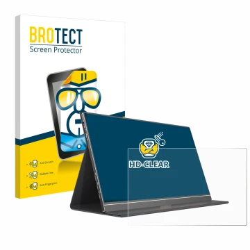 Parte frontal de un envase de producto con el logotipo de la marca BROTECT. Al lado se muestra el dispositivo Arzopa S1 Table 