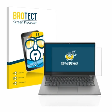 Parte frontal de un envase de producto con el logotipo de la marca BROTECT. Al lado se muestra el dispositivo Lenovo ThinkBook