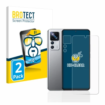 Parte frontal de un envase de producto con el logotipo de la marca BROTECT. Al lado se muestra el dispositivo Xiaomi 12T Pro (