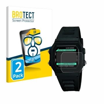 Parte frontal de un envase de producto con el logotipo de la marca BROTECT. Al lado se muestra el dispositivo Casio W-86-1VQES