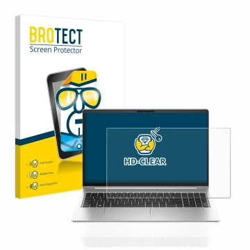 Parte frontal de un envase de producto con el logotipo de la marca BROTECT. Al lado se muestra el dispositivo HP ProBook 450 G