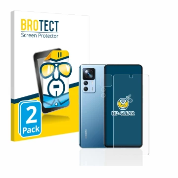 Parte frontal de un envase de producto con el logotipo de la marca BROTECT. Al lado se muestra el dispositivo Xiaomi 12T (Fron