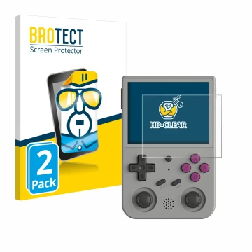 Parte frontal de un envase de producto con el logotipo de la marca BROTECT. Al lado se muestra el dispositivo Anbernic RG353V 