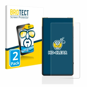 Parte frontal de un envase de producto con el logotipo de la marca BROTECT. Al lado se muestra el dispositivo Sony Walkman NW-