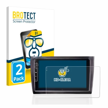 Parte frontal de un envase de producto con el logotipo de la marca BROTECT. Al lado se muestra el dispositivo Dynavin D8-DF56 