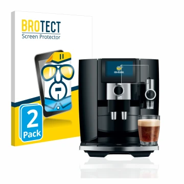 Parte frontal de un envase de producto con el logotipo de la marca BROTECT. Al lado se muestra el dispositivo Jura J8 con su p