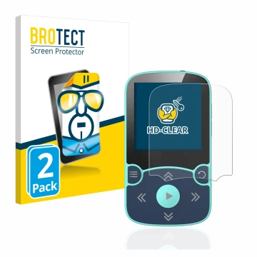 Parte frontal de un envase de producto con el logotipo de la marca BROTECT. Al lado se muestra el dispositivo AGPtek A65X MP3 