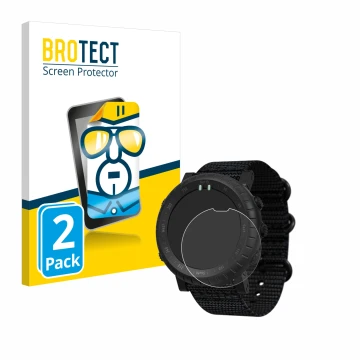 Parte frontal de un envase de producto con el logotipo de la marca BROTECT. Al lado se muestra el dispositivo Suunto Core Alph