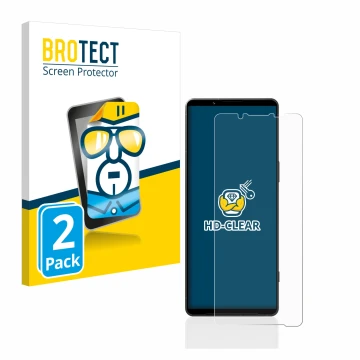 Parte frontal de un envase de producto con el logotipo de la marca BROTECT. Al lado se muestra el dispositivo Sony Xperia 1 V 