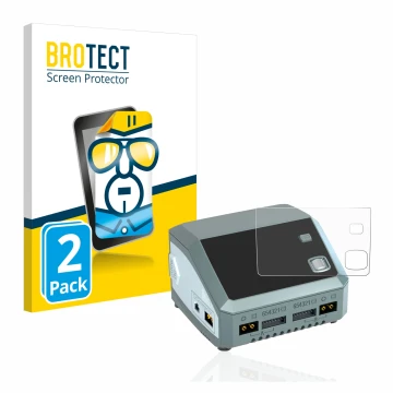 Parte frontal de un envase de producto con el logotipo de la marca BROTECT. Al lado se muestra el dispositivo SkyRc D200 neo c