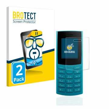 Parte frontal de un envase de producto con el logotipo de la marca BROTECT. Al lado se muestra el dispositivo Nokia 105 4G (20
