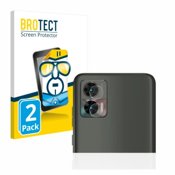 Parte frontal de un envase de producto con el logotipo de la marca BROTECT. Al lado se muestra el dispositivo Motorola Edge 30