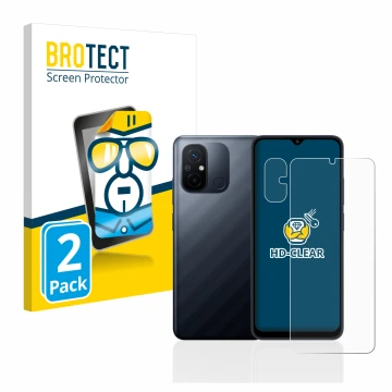 Parte frontal de un envase de producto con el logotipo de la marca BROTECT. Al lado se muestra el dispositivo Xiaomi Redmi 12C