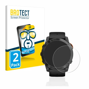 Parte frontal de un envase de producto con el logotipo de la marca BROTECT. Al lado se muestra el dispositivo Garmin Fenix 7X 