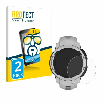 Parte frontal de un envase de producto con el logotipo de la marca BROTECT. Al lado se muestra el dispositivo Garmin Instinct 