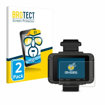 Parte frontal de un envase de producto con el logotipo de la marca BROTECT. Al lado se muestra el dispositivo Garmin Foretrex 