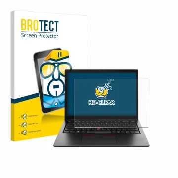 Parte frontal de un envase de producto con el logotipo de la marca BROTECT. Al lado se muestra el dispositivo Lenovo ThinkPad 