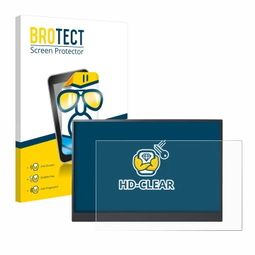 Parte frontal de un envase de producto con el logotipo de la marca BROTECT. Al lado se muestra el dispositivo LG gram +view 16