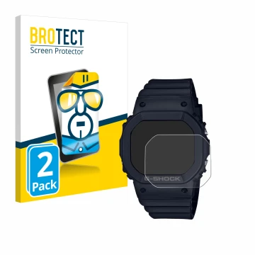 Parte frontal de un envase de producto con el logotipo de la marca BROTECT. Al lado se muestra el dispositivo Casio G-Shock GM